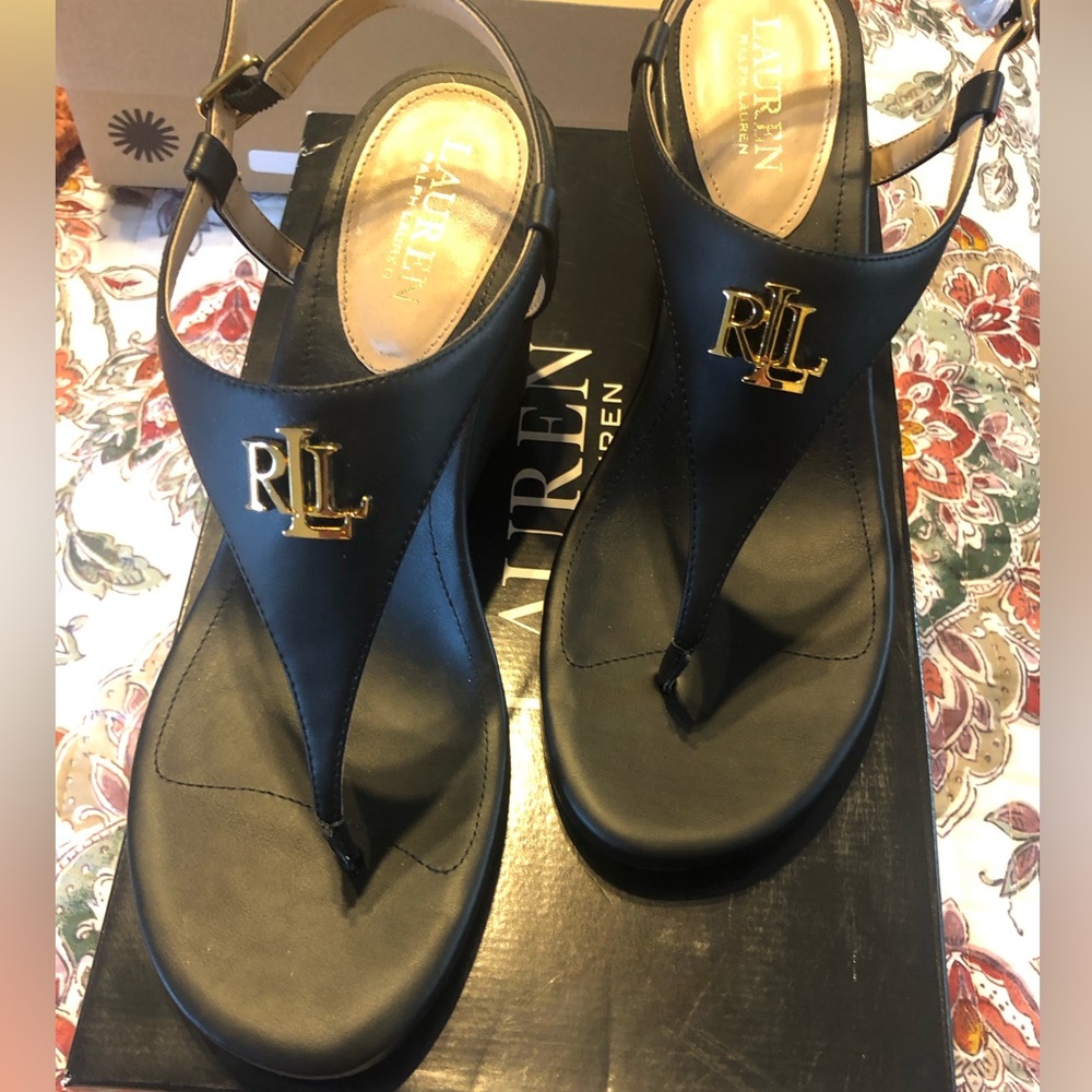 Lauren Ralph Lauren Black Leather Wedge Sandals with Gold RLL Logo